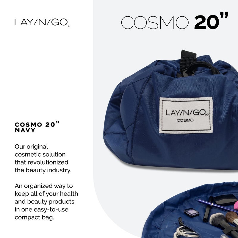 Lay-n-Go Cosmo Layflat Drawstring Cosmetic & Makeup Bag Organizer w/Zipper Pocket, Brush Loops & More, Cinch to Close, Lay Flat to Use, Durable, Machine Wash, Travel Toiletry Bag (20", Navy) - Image 2
